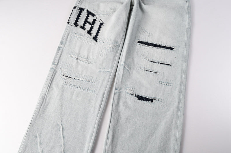 AMIRI Straight Leg Jeans – Light Blue Washed Distressed Denim